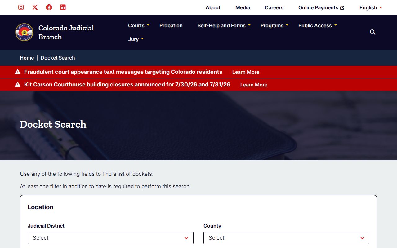 Lake County court dockets Colorado Judicial Branch docket search