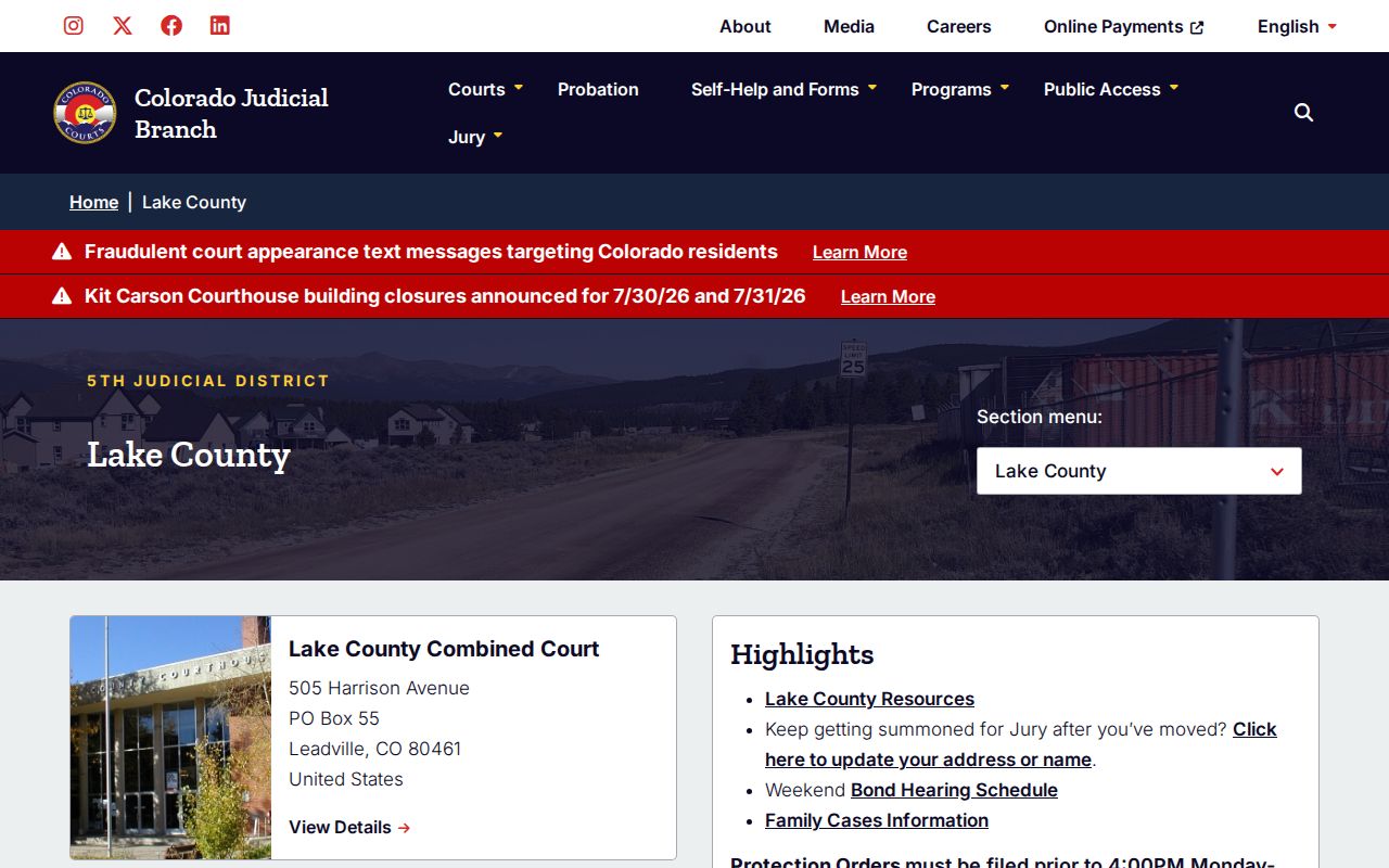Lake County court records Colorado Judicial trial court page